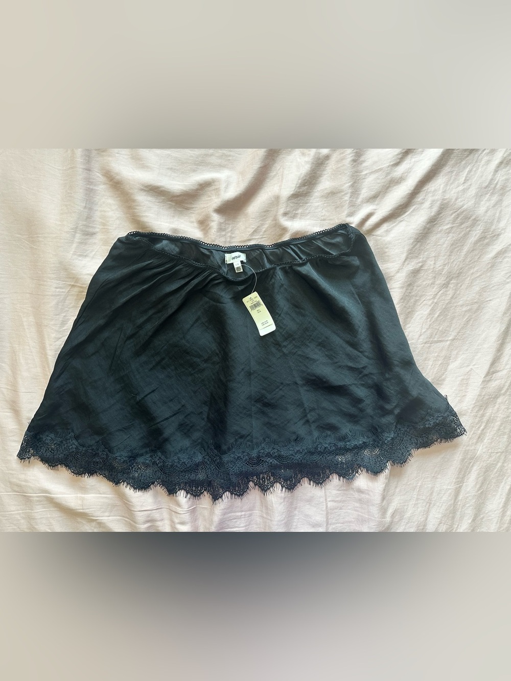 Aerie Black Satin Lace Trim Sleep Shorts Size L NWT